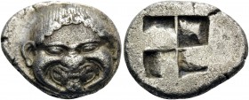 MACEDON. Neapolis . Circa 500-480 BC. Stater (Silver, 18 mm, 9.51 g). Gorgoneion facing with extended tongue. Rev. Quadripartite incuse square. Dewing...