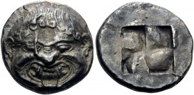 MACEDON. Neapolis . Circa 500-480 BC. Stater (Silver, 18 mm, 8.90 g). Gorgoneion facing with extended tongue. Rev. Quadripartite incuse square. Dewing...