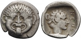 MACEDON. Neapolis . Circa 424-350 BC. Hemidrachm (Silver, 15 mm, 1.70 g, 11 h). Gorgoneion facing with protruding tongue. Rev. ΝΕΟΠ Head of the Nymph ...