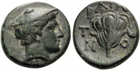 MACEDON. Tragilos . Circa 400 BC. Dichalkon (Bronze, 15 mm, 3.37 g, 9 h). Head of Hermes right, wearing petasos. Rev. ΤΡΑΙΛΙΟΝ Rose; to right, crescen...