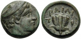 MACEDON. Tragilos . Circa 400 BC. (Bronze, 13 mm, 4.01 g, 4 h). Head of Hermes to right, wearing petasos. Rev. ΤΡΑΙΛΙΟΝ Rose; to right, grain ear. HGC...