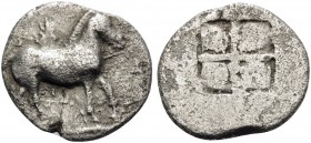 KINGS OF MACEDON. Alexander I, 498-454 BC. Trihemiobol (Silver, 10 mm, 0.64 g). Bridled horse standing right. Rev. Quadripartite incuse square. Raymon...