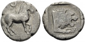 KINGS OF MACEDON. Perdikkas II, 451-413 BC. Obol (Silver, 10 mm, 0.55 g, 3 h). Bridled horse standing right, tethered to ring above. Rev. ΠEP Forepart...