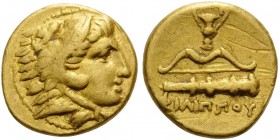 KINGS OF MACEDON. Philip II, 359-336 BC. Quarter Stater (Gold, 11 mm, 2.15 g, 11 h), Pella mint, circa 340/336-328 BC. Head of youthful Herakles in li...