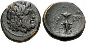 KINGS OF MACEDON. Ptolemy Keraunos, 281-279 BC. (Bronze, 12 mm, 2.06 g, 2 h). Laureate head of Zeus to right. Rev. Thunderbolt flanked by NK and ΠAP m...