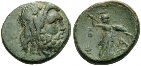 KINGS OF MACEDON. Philip V, 221-179 BC. (Bronze, 17 mm, 4.83 g, 8 h). Head of Zeus to right. Rev. B A Φ Athena Alkidemos advancing right, holding spea...
