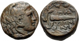 MACEDON, Amphaxitis. 187-168 BC. (Bronze, 20 mm, 12.66 g, 12 h). Head of Herakles right, wearing lion’s skin headdress. Rev. AMΦAΞIΩN in two lines, cl...