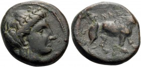 THESSALY. Gonnus . Circa 430-344 BC. Dichalkon (Bronze, 18 mm, 5.75 g, 8 h). Head of nymph to right, her hair rolled and with a triple-pendant earring...