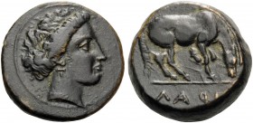 THESSALY. Larissa . Circa 380-365 BC. Dichalkon (Bronze, 16 mm, 4.95 g, 2 h). Head of nymph Larissa right, wearing triple pendant earring. Rev. ΛAPI[Σ...