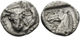 THESSALY. Pelinna . Circa 462/1-460 BC. Obol (Silver, 10 mm, 0.86 g, 6 h). Half-length figure of youthful hero Thessalos left, restraining head and ne...