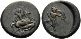 THESSALY. Pelinna . Circa 425-350 BC. Chalkous (Bronze, 15 mm, 3.05 g, 5 h). Helmeted horseman to right, raising spear to strike fallen warrior who is...