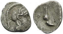 THESSALY. Pharsalos . Circa 440-425 BC. Tetartemorion (Silver, 7 mm, 0.19 g, 6 h). Helmeted head of Athena right. Rev. Φ Horse's front leg to right. B...