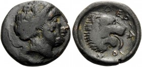 THESSALY. Pherai . Circa 404-369 BC. Dichalkon (Bronze, 17 mm, 3.94 g, 5 h). Lion's head fountain spout to right, pouring forth water. Rev. ΦΕΡΑΙΟΝ Li...