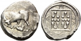 ILLYRIA. Apollonia . Circa 340-280 BC. Stater (Silver, 22.5 mm, 11.18 g, 1 h). Cow standing to left, turning her head back to right to lick calf suckl...