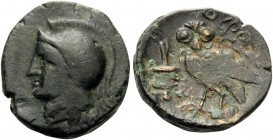 AKARNANIA. Thyrrheion . Circa 300-250 BC. (Bronze, 17 mm, 3.73 g, 2 h). Helmeted head of Athena to right, wearing crested Attic helmet. Rev. ΘYPPEIΩΝ ...