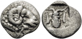 PHOKIS. Delphi . Mid-late 5th century BC. Trihemiobol (Silver, 11 mm, 1.42 g, 6 h). Head of ram to right, with dolphin swimming to right, below neck. ...