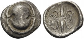 BOEOTIA. Mykalessos . Circa 400-375 BC. Obol (Silver, 10 mm, 0.88 g, 2 h). Boeotian shield. Rev. M Y Thunderbolt within oval incuse. BCD Boiotia 178. ...
