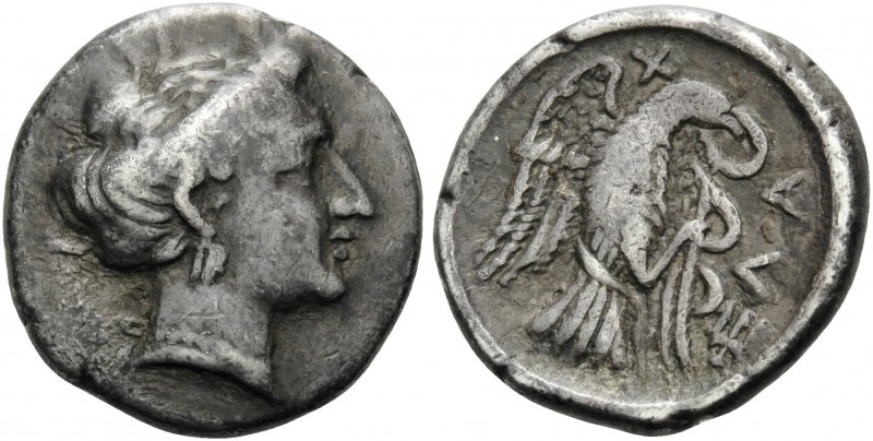 EUBOIA. Chalkis . Circa 338-308 BC. Drachm (Silver, 15 mm, 3.61 g, 8 h). Head of...