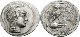 ATTICA. Athens . 137/6 BC. Tetradrachm (Silver, 31 mm, 16.96 g, 12 h), New style, Miki(on) and Theophra(stos). Head of Athena Parthenos to right, wear...