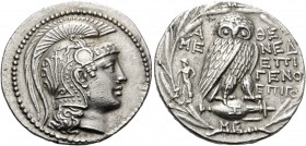ATTICA. Athens . 135/4 BC. Tetradrachm (Silver, 30 mm, 17.02 g, 12 h), New style, Mened..., Epigeno... and Epigo... Head of Athena Parthenos to right,...