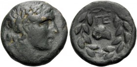 ACHAIA. Pellene . Circa 350-300 BC. Tetrachalkon (Bronze, 17 mm, 3.48 g, 6 h), Group II. Laureate head of Apollo to right. Rev. ΠE Head of ram to righ...
