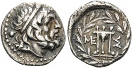 MESSENIA. Messene . late 2nd-early 1st centuries BC. Hemidrachm (Silver, 15 mm, 2.32 g, 2 h). Laureate head of Zeus to right. Rev. ME-Σ around tripod;...