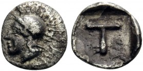 ARKADIA. Tegea . Circa 423-400 BC. Tetartemorion (Silver, 6 mm, 0.23 g, 9 h). Helmeted head of Athena left. Rev. T within incuse square. BCD Peloponne...