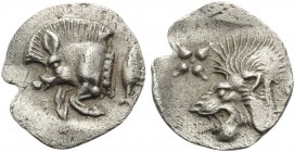 MYSIA. Kyzikos . Circa 450-400 BC. Hemiobol (Silver, 10 mm, 0.39 g, 6 h). Forepart of boar to left; to right, tunny fish swimming upwards. Rev. Head o...