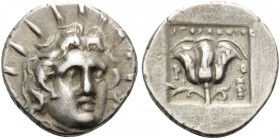 ISLANDS OFF CARIA, Rhodos. Rhodes . Circa 125-88 BC. Hemidrachm (Silver, 13 mm, 1.37 g, 12 h), Apollonios. Radiate head of Helios, three-quarter facin...