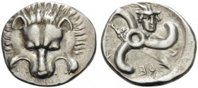 DYNASTS OF LYCIA. Perikles, circa 380-360 BC. Third stater (Silver, 16 mm, 2.98 g, 6 h). Lion's scalp facing. Rev. ΠΕ-PΕ-ΚΛE around triskeles; facing ...