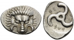 DYNASTS OF LYCIA. Perikles, circa 380-360 BC. Tetrobol (Silver, 18 mm, 2.86 g, 11 h). Lion's scalp facing. Rev. ΠΕ-PΕ-ΚΛE around triskeles. SNG von Au...