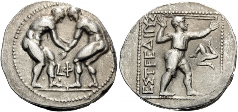 PAMPHYLIA. Aspendos . Circa 380/75-330/25 BC. Stater (Silver, 24 mm). Two wrestl...