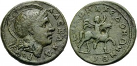 MACEDON. Koinon of Macedon . Pseudo-autonomous issue, temp Severus Alexander, AD 222-235. (Bronze, 26 mm, 13.20 g, 7 h), Beroea. AΛEΞANΔ-POY Helmeted ...