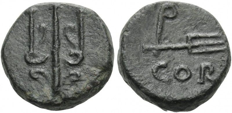 CORINTHIA. Corinth . 40-30 BC. Quadrans (Bronze, 12 mm, 3.31 g, 12 h). Trident. ...