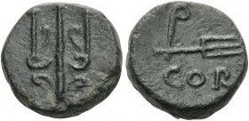 CORINTHIA. Corinth . 40-30 BC. Quadrans (Bronze, 12 mm, 3.31 g, 12 h). Trident. Rev. COR Rudder. BCD Corinth 514. RPC I 1232. Very rare. Well centered...
