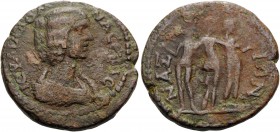 CYCLADES, Naxos. Julia Domna, Augusta, 193-217. (Bronze, 23 mm, 8.64 g, 6 h). IOYΛIA ΔOMNA CEB Draped bust of Julia Domna to right. Rev. NAΞIΩN The Th...