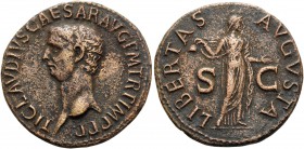 Claudius, 41-54. As (Copper, 29 mm, 10.68 g, 5 h), Rome, 42-43. TI CLAVDIVS CAESAR AVG P M TR P IMP P P Bare head of Claudius to left. Rev. LIBERTAS A...