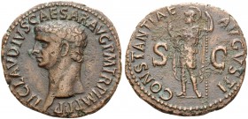 Claudius, 41-54. As (Copper, 29 mm, 11.19 g, 5 h), Rome, 50-54. TI CLAVDIVS CAESAR AVG P M TR P IMP PP Bare head of Claudius to left. Rev. CONSTANTIAE...