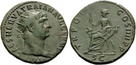 Trajan, 98-117. Dupondius (Orichalcum, 26 mm, 12.30 g, 6 h), Rome, 101-102. IMP CAES NERVA TRAIAN AVG GERM P M Radiate head of Trajan to right. Rev. T...
