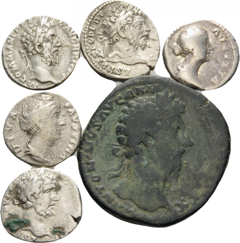 Lot of Five Denarii and One Sestertius . 2nd and 3rd century AD. (Silver, 36.82 ...