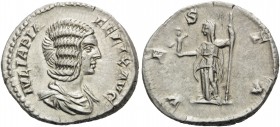 Julia Domna, Augusta, 193-217. Denarius (Silver, 18 mm, 3.35 g, 1 h), struck under her son, Caracalla, Rome, 211-217. IVLIA PIA FELIX AVG Draped bust ...