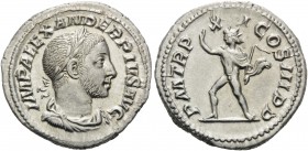 Severus Alexander, 222-235. Denarius (Silver, 20 mm, 3.36 g, 1 h), Rome, 232. IMP ALEXANDER PIVS AVG Laureate, lightly bearded, draped and cuirassed b...