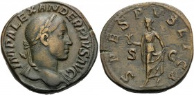 Severus Alexander, 222-235. Sestertius (Orichalcum, 30 mm, 24.77 g, 1 h), Rome, 232. IMP ALEXANDER PIVS AVG Laureate head of Alexander Severus with dr...