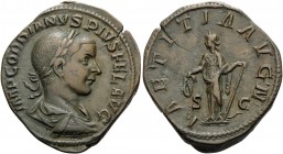 Gordian III, 238-244. Sestertius (Orichalcum, 32 mm, 20.39 g, 12 h), Rome, 240-243. IMP GORDIANVS PIVS FEL AVG Laureate, draped and cuirassed bust of ...