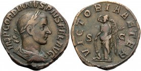 Gordian III, 238-244. Sestertius (Orichalcum, 30 mm, 22.40 g, 10 h), Rome, 244. IMP GORDIANVS PIVS FEL AVG Laureate, draped and cuirassed bust of Gord...