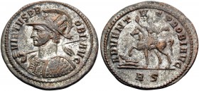 Probus, 276-282. Antoninianus (Billon, 23 mm, 4.41 g, 6 h), Rome, 6th officina, 277. VIRTVS PROBI AVG Radiate, helmeted and cuirassed bust of Probus t...