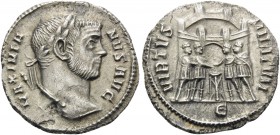Maximianus, first reign, 286-305. Argenteus (Silver, 17 mm, 2.57 g, 6 h), Rome, 5th officina, 295-297. MAXIMIA-NVS AVG Laureate head of Maximianus to ...