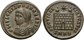 Crispus, Caesar, 316-326. Follis (Bronze, 19 mm, 3.50 g, 11 h), struck under Constantine I, Cyzicus, 2nd officina, 325-326. FL IVL CRIS-PVS NOB C Laur...