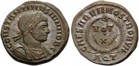 Constantine II, as Caesar, 316-337. Follis (Bronze, 19 mm, 3.54 g, 11 h), Aquileia, 322. CONSTANTINVS IVN NOB C Laureate, draped and cuirassed bust of...