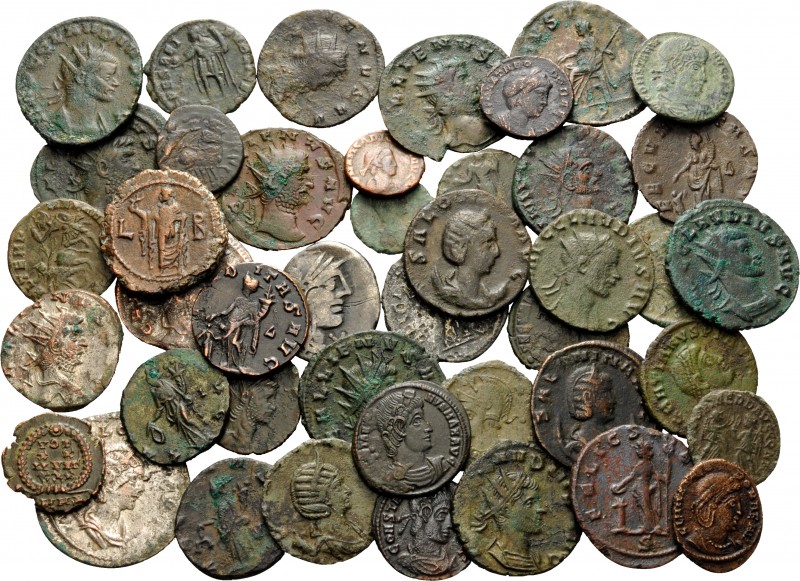 Lot of 43 Roman Coins. (Bronze, 106 g). Lot of 2 Silver and 41 Bronze or Billon ...